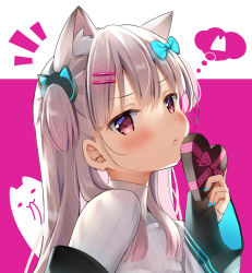 Rule 34 | 1girl, :t, animal ear fluff, animal ears, blue bow, blue nails, blush, bow, box, cat ears, cat hair ornament, closed mouth, commentary request, gift, gift box, grey hair, hair bow, hair ornament, hairclip, heart-shaped box, holding, holding gift, jacket, kemonomimi mode, long sleeves, looking at viewer, looking to the side, nail polish, natsume eri, notice lines, original, pinching sleeves, pink background, pout, red eyes, ribbed sweater, sleeves past wrists, solo, sweater, thought bubble, turtleneck, turtleneck sweater, two-tone background, two side up, upper body, virtual youtuber, white background, white jacket, white sweater, wide sleeves