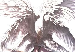 Rule 34 | 1girl, angel, angel wings, back, barefoot, bleeding, blonde hair, blood, bound, bound legs, commentary request, cuffs, facing away, feather hair ornament, feathered wings, feathers, hair ornament, halo, harpy, highres, large wings, long hair, lucy (rusi-juren328), monster girl, multiple wings, original, shackles, shoulder blades, simple background, sitting, solo, wariza, white background, white wings, wings