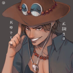 Rule 34 | 1boy, bead necklace, beads, black eyes, black hair, commentary, cowboy hat, english commentary, freckles, grey background, grin, hat, highres, index finger raised, jewelry, kaohom503, lips, male focus, necklace, nose, one piece, orange hat, portgas d. ace, portrait, short hair, signature, smile, solo, teeth, translation request, v-shaped eyebrows