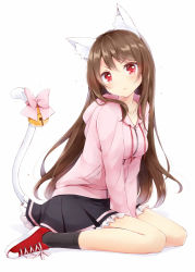 Rule 34 | &gt;:(, 1girl, animal ears, bell, between legs, black socks, bow, brown hair, cat ears, cat tail, frown, hand between legs, hood, hood down, hoodie, long hair, looking at viewer, natsu (natume0504), original, red eyes, shoes, sitting, skirt, sneakers, socks, solo, tail, tail bell, tail bow, tail ornament, v-shaped eyebrows, white background