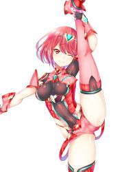 Rule 34 | 1girl, breasts, close-up, daive, highres, large breasts, leg up, looking at viewer, one eye closed, pyra (xenoblade), red eyes, red hair, short hair, shorts, skindentation, smile, solo, split, standing, standing on one leg, standing split, thighhighs, xenoblade chronicles (series), xenoblade chronicles 2