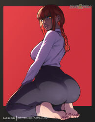 Rule 34 | 1girl, ass, barefoot, braid, braided ponytail, breasts, chainsaw man, feet, from behind, huge ass, kameseru, large breasts, long hair, long sleeves, looking back, makima (chainsaw man), orange eyes, parted lips, red hair, ringed eyes, seiza, shirt, sidelocks, sitting, solo, white shirt