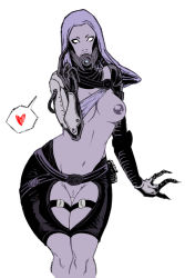 Rule 34 | 1girl, alien, breast slip, breasts, colored skin, heart, hood, lips, mass effect (series), mass effect 1, navel, nipples, no bra, no panties, no pupils, one breast out, open clothes, purple skin, pussy, quarian, smile, spoken heart, tali&#039;zorah, white eyes, wide hips