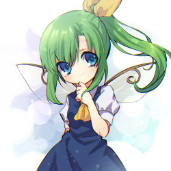 Rule 34 | 1girl, arm behind back, ascot, bad id, bad pixiv id, blue dress, busujima funya, closed mouth, commentary, daiyousei, dress, fairy wings, green hair, hair ribbon, head tilt, highres, long hair, looking at viewer, one-hour drawing challenge, puffy short sleeves, puffy sleeves, ribbon, shirt, short sleeves, side ponytail, smile, solo, standing, touhou, white shirt, wings, yellow ascot, yellow ribbon
