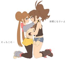 Rule 34 | 2girls, ankea (a-ramo-do), arms around waist, arms behind back, arms behind head, black legwear, black vest, black wristband, blue eyes, blush, breasts, brown hair, couple, creatures (company), cutoffs, denim, denim shorts, game freak, highres, hilda (pokemon), hug, imminent kiss, kiss, kneeling, large breasts, legs, long hair, looking at another, medium breasts, multiple girls, nintendo, open mouth, pantyhose, pokemon, pokemon bw, pokemon bw2, rosa (pokemon), shorts, shy, simple background, smile, sweat, thighs, torso grab, vest, waist hold, waist hug, yellow shorts, yuri