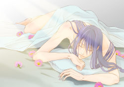 Rule 34 | 1boy, blanket, closed eyes, flower, full body, gradient background, kamui gakupo, long hair, lying, male focus, nail polish, nude, pillow, purple hair, solo, vocaloid