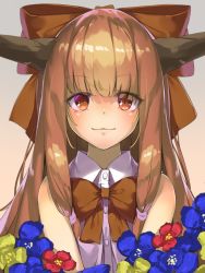 Rule 34 | 1girl, :3, bow, bowtie, brown bow, brown bowtie, brown hair, closed mouth, commentary request, flower, hair bow, horns, ibuki suika, long hair, looking at viewer, piyodesu, red eyes, shirt, sleeveless, sleeveless shirt, smile, solo, touhou, upper body, white shirt