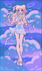 Rule 34 | 1girl, :d, absurdres, bare shoulders, blonde hair, blue ribbon, blue shirt, blue skirt, blue sky, cloud, commentary, cropped shirt, dress, food, food on face, frilled shirt, frills, full body, hands up, highres, idol time pripara, kotori (gokigen iori), long hair, looking at viewer, midriff, open mouth, pleated dress, pretty series, pripara, purple eyes, ribbon, ringlets, shirt, shoes, skirt, sky, smile, socks, solo, standing, star (symbol), symbol-only commentary, two side up, white socks, wind, wrist cuffs, yumekawa yui