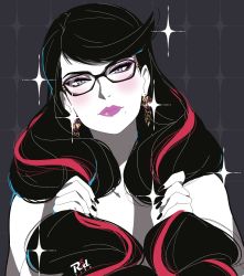 Rule 34 | 1girl, bayonetta, bayonetta (series), bayonetta 3, black hair, blue eyes, blush, earrings, eyeshadow, glasses, grey background, highres, jewelry, makeup, mole, mole under mouth, multicolored hair, pink lips, r3dfive, red hair, solo, sparkle, spot color, twintails, two-tone hair, upper body