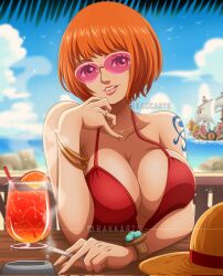 Rule 34 | 1girl, aged up, biting, biting own lip, bracelet, breasts, cigarette, cleavage, drink, female focus, hat, highres, jewelry, large breasts, log pose, looking at viewer, nami (one piece), one piece, orange hair, rakara11 (rakkarts), ring, short hair, solo, straw hat, sunglasses, tattoo, thousand sunny, upper body