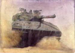 Rule 34 | cannon, desert, helmet, highres, merkava (tank), military, military vehicle, motor vehicle, realistic, sand, soldier, tank, vehicle