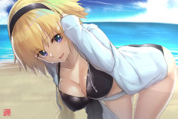 Rule 34 | 1girl, beach, bent over, bikini, black bikini, blonde hair, blue eyes, blue jacket, blue sky, blurry, breasts, cleavage, commentary request, cowboy shot, day, depth of field, fate/grand order, fate (series), goemon1110, hair flip, hairband, hood, hooded jacket, jacket, jeanne d&#039;arc (fate), jeanne d&#039;arc (ruler) (fate), jeanne d&#039;arc (swimsuit archer) (fate), jeanne d&#039;arc (swimsuit archer) (first ascension) (fate), large breasts, long hair, looking at viewer, ocean, open clothes, open jacket, outdoors, signature, sky, smile, swimsuit, thighs, very long hair