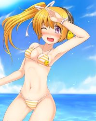 Rule 34 | 1girl, bikini, blonde hair, blush, borrowed character, cloud, day, headphones, highres, long hair, one eye closed, open mouth, original, purple eyes, salute, shimo (depthbomb), side ponytail, sky, smile, solo, striped bikini, striped clothes, swimsuit, water, wet, wink