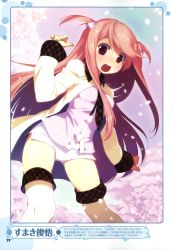 Rule 34 | 1girl, :o, absurdres, belt, cherry blossoms, female focus, flower, gradient background, highres, jacket, kurumi (kantoku), long hair, necktie, non-web source, open clothes, open mouth, original, pink hair, plaid, plant, red eyes, short shorts, shorts, solo, sumaki shungo, thighhighs, twintails, white thighhighs