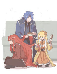 Rule 34 | 1boy, 2girls, ascot, black pants, blonde hair, blue ascot, blue gemstone, blue hair, bow, bowtie, brushing hair, chesed (project moon), coat, couch, dress, gebura (project moon), gem, green eyes, hair bow, hair brush, hairband, jyanjyan, library of ruina, long hair, looking at another, low ponytail, multiple girls, orange bow, orange bowtie, orange dress, orange hairband, pants, parted bangs, project moon, red coat, red hair, sidelocks, simple background, tiphereth a (project moon), very long hair, white background, yellow coat