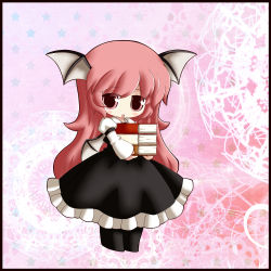 Rule 34 | 1girl, :d, bad id, bad pixiv id, bat wings, black dress, book, book stack, carrying, chibi, cocozasa, dress, female focus, framed, head wings, holding, holding book, juliet sleeves, koakuma, long hair, long sleeves, open mouth, puffy sleeves, red eyes, red hair, shirt, smile, solo, touhou, wings