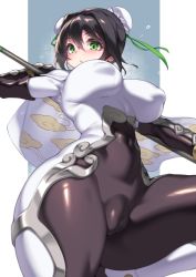 Rule 34 | 1girl, arm guards, black bodysuit, black gloves, black hair, bodysuit, breasts, bun cover, cameltoe, cape, cleft of venus, covered erect nipples, covered navel, double bun, elbow gloves, fat mons, fate/grand order, fate (series), fingerless gloves, fuya (tempupupu), gloves, green eyes, green ribbon, hair bun, hair ribbon, jewelry, large breasts, looking at viewer, neck ring, polearm, qin liangyu (fate), ribbon, sidelocks, skin tight, solo, spear, thighs, weapon, white bodysuit, white cape