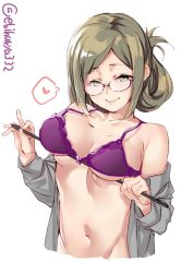 Rule 34 | 1girl, bare shoulders, blush, bra, breasts, closed mouth, collarbone, commentary request, ebifurya, folded ponytail, glasses, green eyes, groin, hair between eyes, heart, highres, holding, kantai collection, katori (kancolle), light brown hair, long sleeves, looking at viewer, medium breasts, off shoulder, one-hour drawing challenge, open clothes, pointer, riding crop, semi-rimless eyewear, simple background, smile, solo, spoken heart, twitter username, under-rim eyewear, underwear, upper body, white background