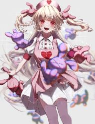 Rule 34 | 1girl, apron, bandaged wrist, bandages, blonde hair, blunt bangs, blurry, blurry background, blush, breasts, collared dress, commentary, dress, fangs, feet out of frame, floating hair, frilled dress, frills, grey background, hat, heart, heart print, highres, kaburaya (kabura 8), long hair, looking at viewer, medium breasts, natori sana, nurse cap, open mouth, outstretched arms, pink apron, pink hat, pleated dress, red eyes, sana channel, simple background, smile, solo, stuffed animal, stuffed toy, teeth, two side up, virtual youtuber, white dress, wing collar