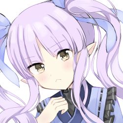 Rule 34 | 1girl, blush, closed mouth, elf, grey eyes, hand on own chest, kobana shimachi, kyoka (princess connect!), looking at viewer, pointy ears, princess connect!, princess connect!, purple hair, ribbon, twintails