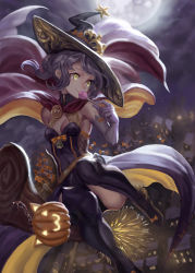 Rule 34 | 1girl, boots, breasts, broom, broom riding, candy, cape, cityscape, cleavage, cleavage cutout, clothing cutout, ecens, food, hat, highres, jack-o&#039;-lantern, lollipop, long hair, looking to the side, moon, night, panties, pantyshot, pumpkin, purple hair, small breasts, smile, solo, town, underwear, witch hat, yellow eyes