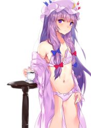 Rule 34 | 1girl, asuzemu, bare shoulders, blue bow, blue ribbon, blush, bow, bow panties, bra, breasts, collarbone, commentary request, cowboy shot, crescent, crescent hair ornament, cup, dress, hair bow, hair ornament, hat, hat ribbon, holding, holding cup, long hair, long sleeves, looking at viewer, mob cap, navel, off shoulder, open clothes, open dress, panties, patchouli knowledge, plate, purple bra, purple dress, purple eyes, purple hair, purple hat, purple panties, red bow, red ribbon, ribbon, sidelocks, simple background, small breasts, solo, standing, steam, stomach, table, teacup, thighs, touhou, underwear, very long hair, white background, wide sleeves