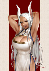 Rule 34 | 1girl, absurdres, animal ears, armpits, arms behind head, arms up, artist name, boku no hero academia, breasts, china dress, chinese clothes, cleavage, cleavage cutout, clothing cutout, dark-skinned female, dark skin, dress, easonx, grey hair, hair ornament, hairclip, highres, hip vent, large breasts, long hair, looking at viewer, mirko, open mouth, rabbit ears, rabbit girl, red background, red eyes, smile, solo, teeth, two-tone background, very long hair, white background, white dress