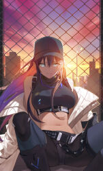 Rule 34 | 1girl, arm support, armband, backlighting, bare shoulders, baseball cap, belt, black belt, black footwear, black hair, black hat, black pants, black shirt, blue archive, blue eyes, blue hair, boots, breasts, buckle, chain-link fence, chest harness, cityscape, closed mouth, cloud, cloudy sky, coat, colored inner hair, commentary, crop top, fence, floating hair, hair between eyes, halo, harness, hat, highres, knee boots, large breasts, long hair, looking at viewer, midriff, multicolored hair, navel, no mask, off shoulder, outdoors, pants, saori (blue archive), shadow, shirt, sidelocks, sitting, sky, sleeveless, sleeveless shirt, snap-fit buckle, solo, spread legs, sugarhigh, sunset, taut clothes, taut shirt, two-tone hair, underbust, white coat