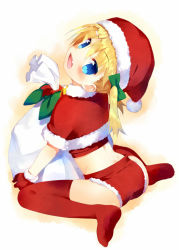 Rule 34 | 1girl, :d, blonde hair, blue eyes, fang, full body, hat, looking back, meito (maze), midriff, open mouth, original, red thighhighs, sack, santa costume, santa hat, sitting, smile, soles, solo, thighhighs, wariza