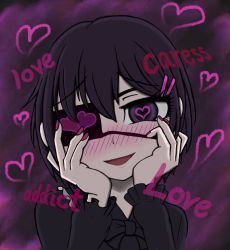 Rule 34 | 1girl, :d, black eyes, black hair, blush, borrowed character, english text, eyepatch, fukasugi aiko, hands on own cheeks, hands on own face, head tilt, heart, heart-shaped pupils, heart eyepatch, highres, looking at viewer, lovestruck, nail polish, namake-neko, open mouth, original, pink nails, portrait, short hair, smile, solo, symbol-shaped pupils, upper body, yandere, yandere trance