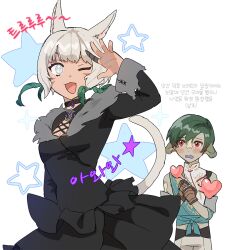 Rule 34 | 1boy, 1girl, :3, :d, animal ears, au ra, black dress, blush, cat ears, cat tail, dress, facial mark, feather hair, final fantasy, final fantasy xiv, gg dal, green hair, grey eyes, grey hair, hand up, heart out of chest, horns, korean text, long sleeves, looking at viewer, miqo&#039;te, one eye closed, open mouth, red eyes, simple background, smile, sparkle, tail, translation request, varshahn, whisker markings, y&#039;shtola rhul