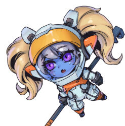 Rule 34 | 1girl, :o, astronaut, astronaut poppy, black gloves, blonde hair, blush, fang, full body, gloves, helmet, holding, holding weapon, league of legends, long hair, phantom ix row, pink eyes, poppy (league of legends), simple background, solo, space helmet, spacesuit, sweatdrop, twintails, weapon, white background, yordle
