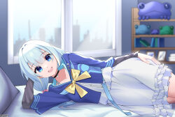 Rule 34 | 1girl, absurdres, alceid, amami ami, bed, bed sheet, blue eyes, blue hair, bookshelf, bow, building, city, cityscape, commission, dress, highres, indoors, jacket, knee up, knees up, long hair, looking at viewer, nose, on bed, open mouth, picture frame, pillow, prism project, ribbon, skirt, teeth, virtual youtuber, window