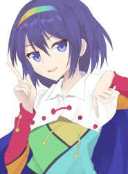 Rule 34 | 1girl, blue eyes, blue hair, capelet, hairband, highres, long sleeves, looking at viewer, multicolored clothes, multicolored hairband, one-hour drawing challenge, open mouth, pointing, pointing down, pointing up, short hair, simple background, smile, solo, sugiyama ichirou, tenkyuu chimata, touhou, upper body, white background, white capelet