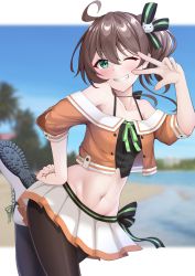Rule 34 | 1girl, ahoge, armpit peek, bare shoulders, beach, black camisole, black ribbon, blue sky, blurry, blurry background, blush, boots, brown hair, camisole, cat hair ornament, collarbone, commentary request, crop top, cropped jacket, day, green eyes, green ribbon, grin, groin, hair between eyes, hair ornament, hair ribbon, halterneck, hand on own hip, hand up, head tilt, highres, hinata kokage, hololive, jacket, leg up, looking at viewer, miniskirt, natsuiro matsuri, natsuiro matsuri (1st costume), navel, off-shoulder jacket, off shoulder, one eye closed, orange jacket, pantyhose, pleated skirt, ribbon, short hair, short sleeves, side ponytail, skirt, sky, smile, solo, spaghetti strap, standing, standing on one leg, stomach, tree, virtual youtuber, w, w over eye, white footwear, white skirt