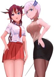 Rule 34 | 2girls, absurdres, angelchama, blouse, blue eyes, braid, breasts, hair ornament, heterochromia, highres, hololive, hololive english, hololive indonesia, horns, irys (hololive), long hair, medium breasts, multicolored hair, multiple girls, pavolia reine, pointy ears, purple eyes, purple hair, red hair, school uniform, shirt, silver hair, simple background, teacher, virtual youtuber, white background, white shirt