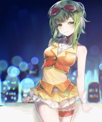 Rule 34 | 1girl, bare arms, blurry, blurry background, bokeh, brooch, cityscape, commentary, contrapposto, cowboy shot, cropped jacket, depth of field, detached collar, frilled garter, goggles, goggles on head, green eyes, green hair, green nails, gumi, headphones, highres, jacket, jewelry, layered skirt, medium hair, miniskirt, nail polish, night, nuko 0108, orange jacket, orange skirt, red goggles, shirt, sidelocks, skirt, sleeveless, sleeveless jacket, sleeveless shirt, smile, solo, vocaloid, yellow shirt