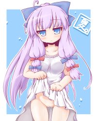 Rule 34 | 1girl, blue eyes, blush, bow, clothes lift, dress, dress lift, female focus, hair bow, hair ribbon, highres, hot, long hair, looking at viewer, neko yume, no panties, patchouli knowledge, purple hair, pussy, ribbon, solo, sweat, touhou, translated, uncensored