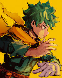 Rule 34 | 1boy, absurdres, artist name, belt, bodysuit, boku no hero academia, cape, closed mouth, commentary, english commentary, freckles, frown, gloves, green bodysuit, green eyes, green hair, hands up, highres, male focus, midoriya izuku, pepijopa, red belt, scar, scar on arm, scar on hand, short hair, simple background, single glove, solo, white gloves, yellow background, yellow cape