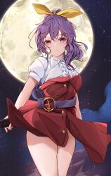 Rule 34 | 1girl, absurdres, arms behind back, belt, blush, breasts, clothes lift, commission, dress, dress lift, expressionless, full moon, hair ribbon, highres, hip focus, holding, holding sword, holding weapon, katana, long hair, looking at viewer, looking down, medium breasts, moon, night, night sky, orchid (orukido), outdoors, pink eyes, pixiv commission, ponytail, purple hair, red dress, ribbon, shirt, short sleeves, sky, solo, star (sky), staring, starry sky, sword, thighs, touhou, watatsuki no yorihime, weapon, white shirt, yellow ribbon