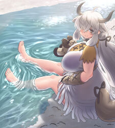 Rule 34 | 1girl, ahoge, alternate breast size, bare legs, barefoot, black horns, blush, boots, unworn boots, breasts, closed mouth, clothing cutout, day, dress, extra ears, feet, feet up, gloves, grey hair, grey horns, hair over one eye, hair ribbon, hand rest, hand up, highres, holding, holding boots, holding clothes, holding footwear, horns, huge breasts, impossible clothes, impossible dress, kemono friends, kemono friends 3, long bangs, long hair, mo23, multicolored horns, outdoors, outstretched legs, ox ears, ox girl, ox horns, ox tail, ribbon, river, shirt, short sleeves, smile, soaking feet, solo, tail, tail ornament, tail ribbon, tail through clothes, toenails, toes, very long hair, water, white dress, yak (kemono friends), yellow eyes, yellow shirt