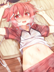 Rule 34 | 1girl, belly, blush, bone hair ornament, clothes lift, from above, gym shirt, gym shorts, gym uniform, hair ornament, heavy breathing, highres, looking at viewer, lying, midriff, navel, on back, open mouth, paddle, puddle, racer (magnet), red eyes, red hair, ribbon, shakunetsu no takkyuu musume, shirt, shirt lift, short hair, shorts, solo, solo focus, sweat, sweatdrop, tsumujikaze koyori, two side up, very sweaty, wavy mouth, wet, wet clothes