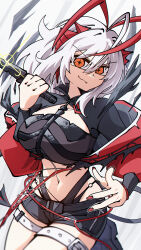 1girl absurdres ahoge antenna_hair antennae arknights belt black_footwear black_shorts black_shrug black_tube_top boots breasts crop_top cross-shaped_pupils dagger demon_girl demon_horns demon_tail dryegen grey_hair highres holding holding_dagger holding_knife holding_weapon horns jacket knife large_breasts long_sidelocks long_sleeves looking_at_viewer medium_hair midriff navel open_clothes open_jacket orange_eyes red_horns red_jacket red_nails shorts smile smug solo strapless symbol-shaped_pupils tail thigh_belt thigh_strap thighs tube_top w_(arknights) weapon wis&#039;adel_(arknights)