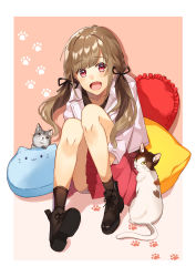 Rule 34 | 1girl, :d, absurdres, brown footwear, brown hair, brown socks, cat, cat-shaped pillow, full body, gradient background, highres, looking at viewer, low twintails, mochidukii, open mouth, original, paw print, pink background, red eyes, red skirt, sitting, skirt, smile, socks, solo, twintails