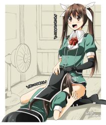 Rule 34 | &gt;:d, 10s, 2girls, :d, blush, bottomless, brown eyes, brown hair, chikuma (kancolle), cunnilingus, electric fan, female focus, hair ornament, hair ribbon, hand on another&#039;s head, head under skirt, indoors, kantai collection, long hair, lying, multiple girls, no panties, on floor, on stomach, open mouth, oral, pelvic curtain, remodel (kantai collection), ribbon, sitting, smile, tatami, thighhighs, thighs, tone (kancolle), twintails, utsurogi angu, v-shaped eyebrows, yuri