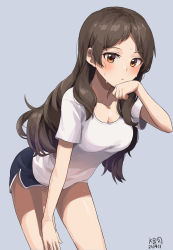 Rule 34 | 1girl, black shorts, breasts, brown hair, cleavage, collarbone, cowboy shot, dolphin shorts, grey background, hand on own thigh, highres, idolmaster, idolmaster million live!, idolmaster million live! theater days, kitazawa shiho, leaning forward, long hair, looking at viewer, medium breasts, myeolchi, parted bangs, red eyes, shirt, short shorts, short sleeves, shorts, simple background, solo, standing, sweat, thighs, white shirt