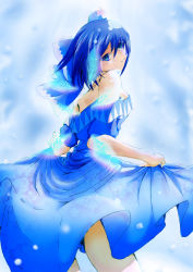 Rule 34 | 1girl, absurdres, aged up, bare shoulders, blue background, blue eyes, blue hair, bow, breasts, cirno, dress, gradient background, hair bow, highres, looking at viewer, looking back, matching hair/eyes, mr. pepe r, short hair, sideboob, skirt hold, smile, solo, strapless, strapless dress, touhou, wings