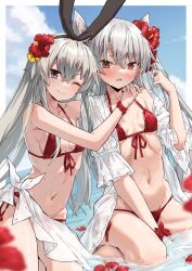 Rule 34 | 2girls, ;), amatsukaze (kancolle), bikini, black hairband, blue sky, blush, breasts, cloud, commentary request, day, flower, grey hair, hair between eyes, hair flower, hair ornament, hairband, highres, kantai collection, long hair, looking at viewer, medium breasts, multiple girls, navel, ocean, one eye closed, open clothes, open shirt, outdoors, purple eyes, red bikini, red eyes, red flower, shimakaze (kancolle), shirt, sitting, sky, smile, swimsuit, takanashi kei (hitsujikan), two side up, wet, white shirt