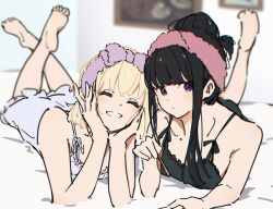 Rule 34 | 2girls, atenaba, bare arms, barefoot, black camisole, black hair, blonde hair, blurry, blurry background, camisole, chromatic aberration, closed eyes, closed mouth, commentary, dress, feet up, full body, hair bun, hairband, hashtag-only commentary, highres, holding, indoors, inoue takina, long hair, looking at viewer, lycoris recoil, lying, medium hair, multiple girls, nishikigi chisato, on bed, on stomach, open mouth, pajamas, pink hairband, purple eyes, purple hairband, sleeveless, sleeveless dress, smile, the pose, white dress