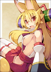 Rule 34 | 1girl, animal ears, blonde hair, breasts, detached sleeves, eyebrows, fang, fox ears, fox tail, hip vent, izuna (shinrabanshou), japanese clothes, long hair, looking at viewer, miko, multiple tails, no panties, open mouth, red eyes, saru 000, scroll, shinrabanshou, sideboob, sitting, solo, tail, thighhighs, white thighhighs